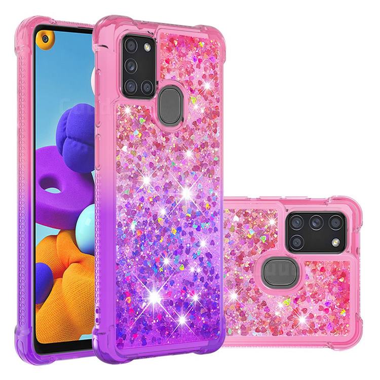 Rainbow Gradient Liquid Glitter Quicksand Sequins Phone Case for Samsung Galaxy A21s - Pink Purple