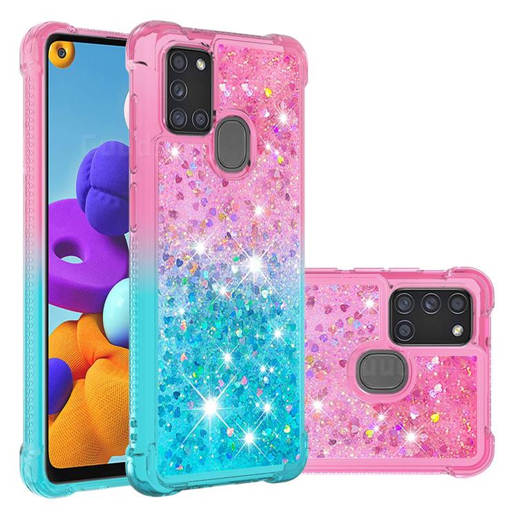 Rainbow Gradient Liquid Glitter Quicksand Sequins Phone Case for Samsung Galaxy A21s - Pink Blue