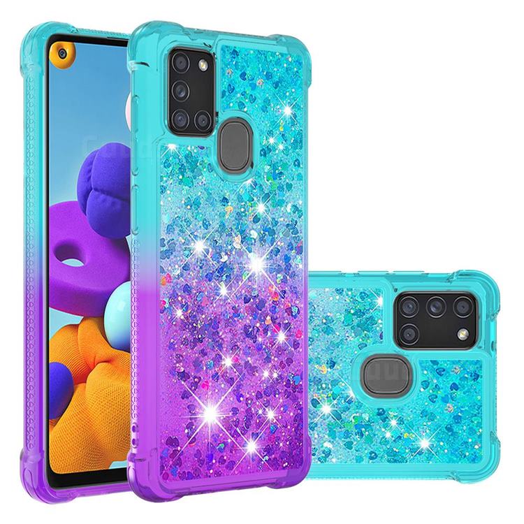 Rainbow Gradient Liquid Glitter Quicksand Sequins Phone Case for Samsung Galaxy A21s - Blue Purple