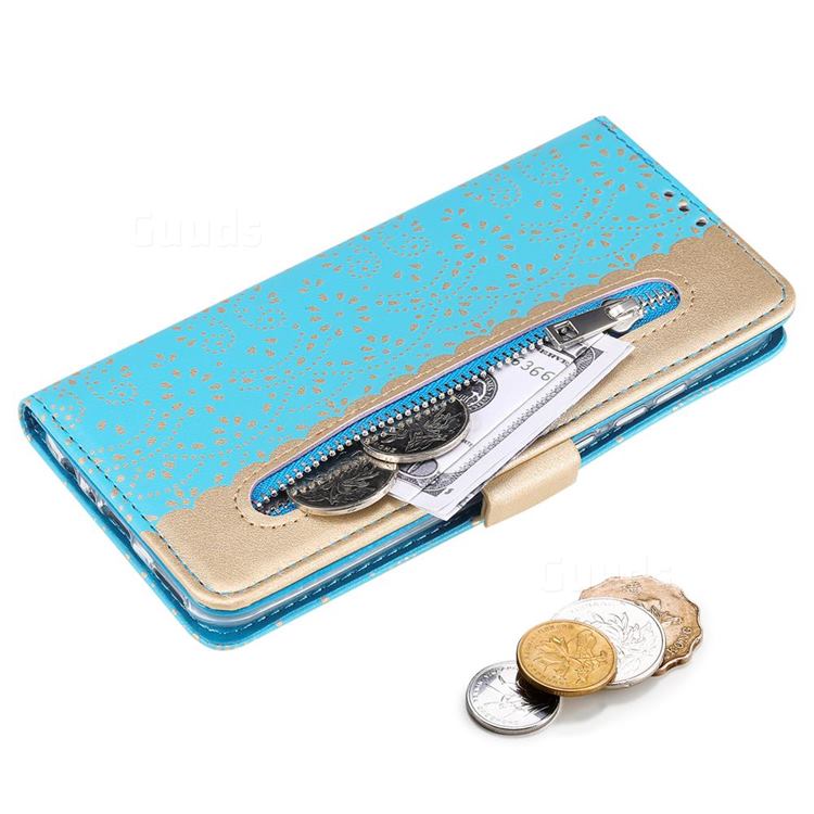 Luxury Lace Zipper Stitching Leather Phone Wallet Case For Samsung Galaxy A21s Blue Galaxy