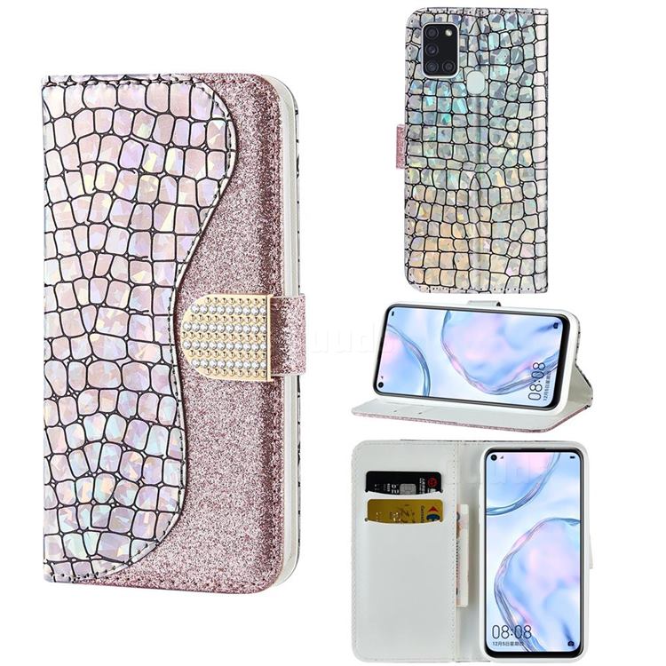 Glitter Diamond Buckle Laser Stitching Leather Wallet Phone Case for Samsung Galaxy A21s - Pink