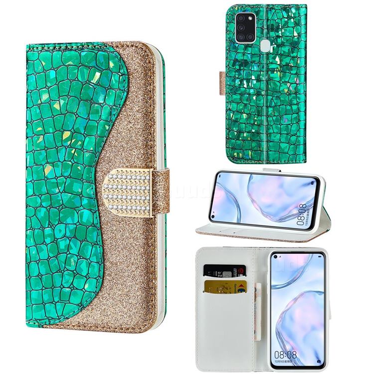 Glitter Diamond Buckle Laser Stitching Leather Wallet Phone Case for Samsung Galaxy A21s - Green