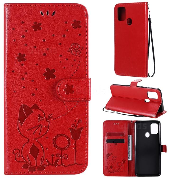 Embossing Bee and Cat Leather Wallet Case for Samsung Galaxy A21s - Red