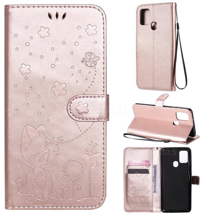 Embossing Bee and Cat Leather Wallet Case for Samsung Galaxy A21s - Rose Gold
