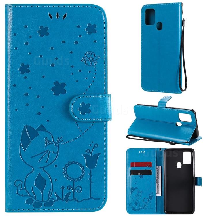 Embossing Bee and Cat Leather Wallet Case for Samsung Galaxy A21s - Blue