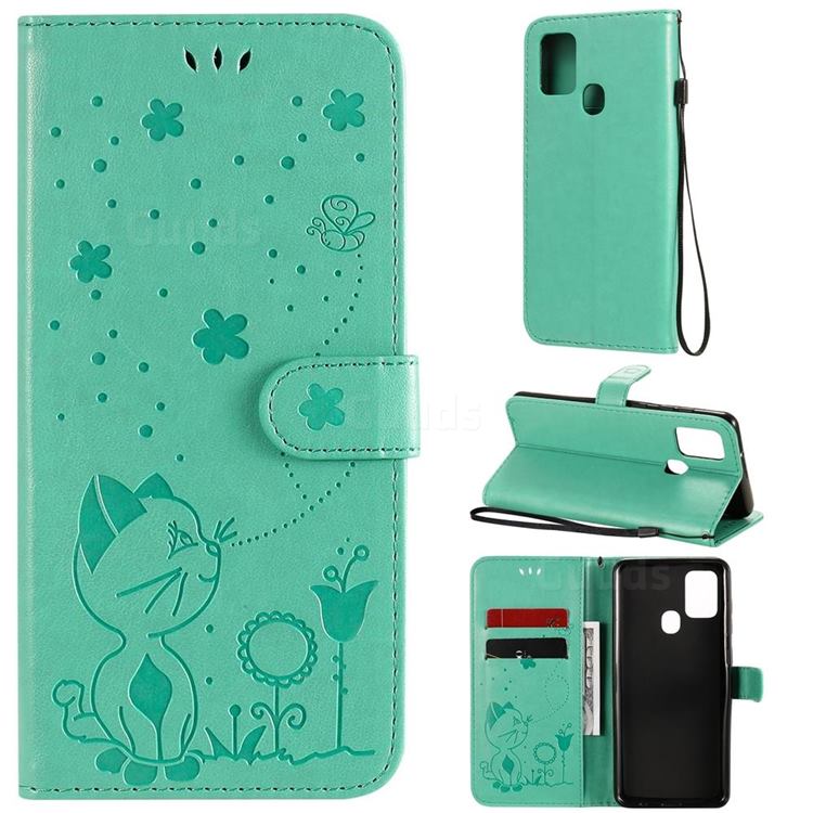 Embossing Bee and Cat Leather Wallet Case for Samsung Galaxy A21s - Green