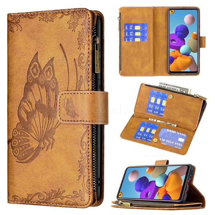 Binfen Color Imprint Vivid Butterfly Buckle Zipper Multi-function Leather Phone Wallet for Samsung Galaxy A21s - Brown