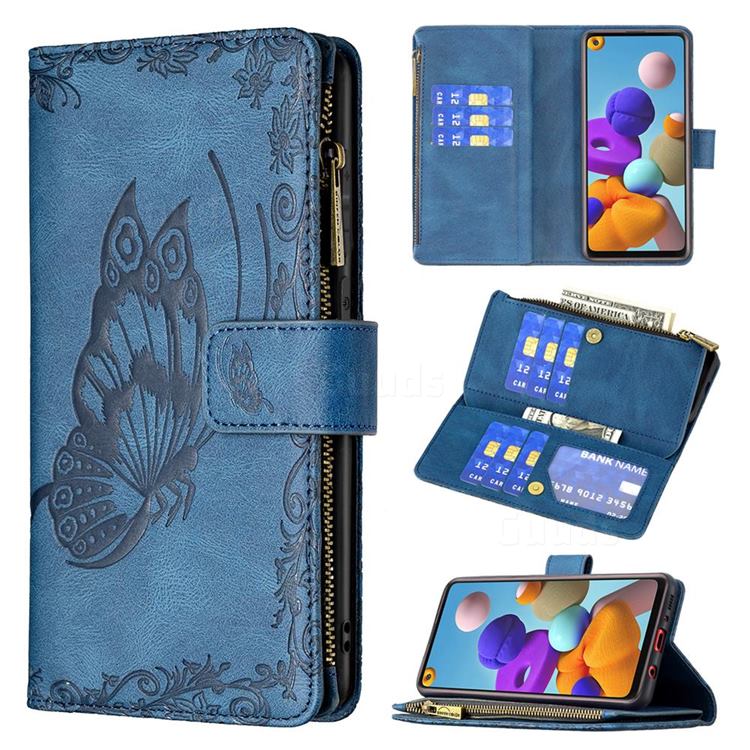 Binfen Color Imprint Vivid Butterfly Buckle Zipper Multi-function Leather Phone Wallet for Samsung Galaxy A21s - Blue