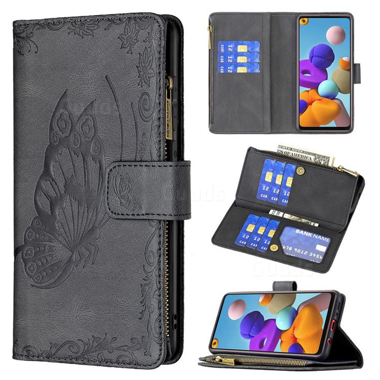Binfen Color Imprint Vivid Butterfly Buckle Zipper Multi-function Leather Phone Wallet for Samsung Galaxy A21s - Black