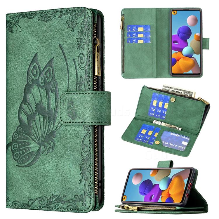 Binfen Color Imprint Vivid Butterfly Buckle Zipper Multi-function Leather Phone Wallet for Samsung Galaxy A21s - Green
