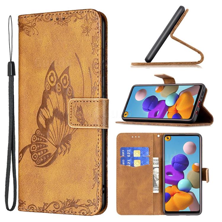 Binfen Color Imprint Vivid Butterfly Leather Wallet Case for Samsung Galaxy A21s - Brown