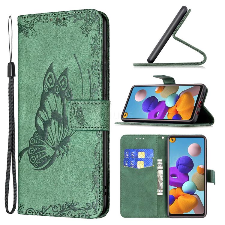 Binfen Color Imprint Vivid Butterfly Leather Wallet Case for Samsung Galaxy A21s - Green