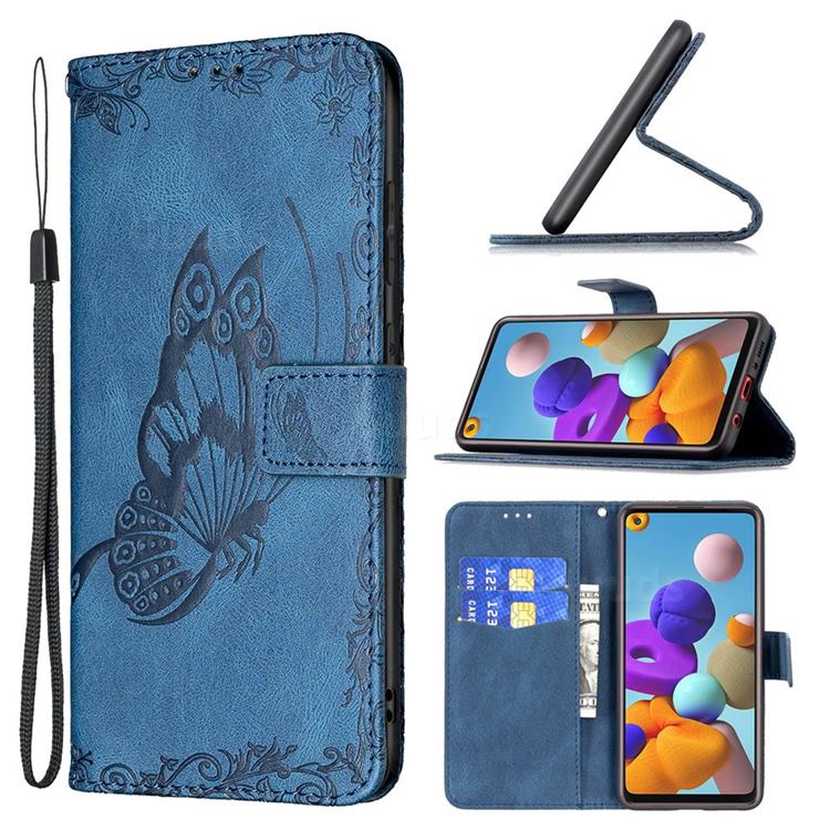 Binfen Color Imprint Vivid Butterfly Leather Wallet Case for Samsung Galaxy A21s - Blue