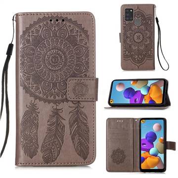 Embossing Dream Catcher Mandala Flower Leather Wallet Case for Samsung Galaxy A21s - Gray