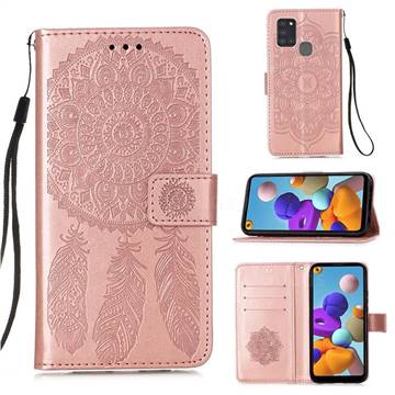 Embossing Dream Catcher Mandala Flower Leather Wallet Case for Samsung Galaxy A21s - Rose Gold