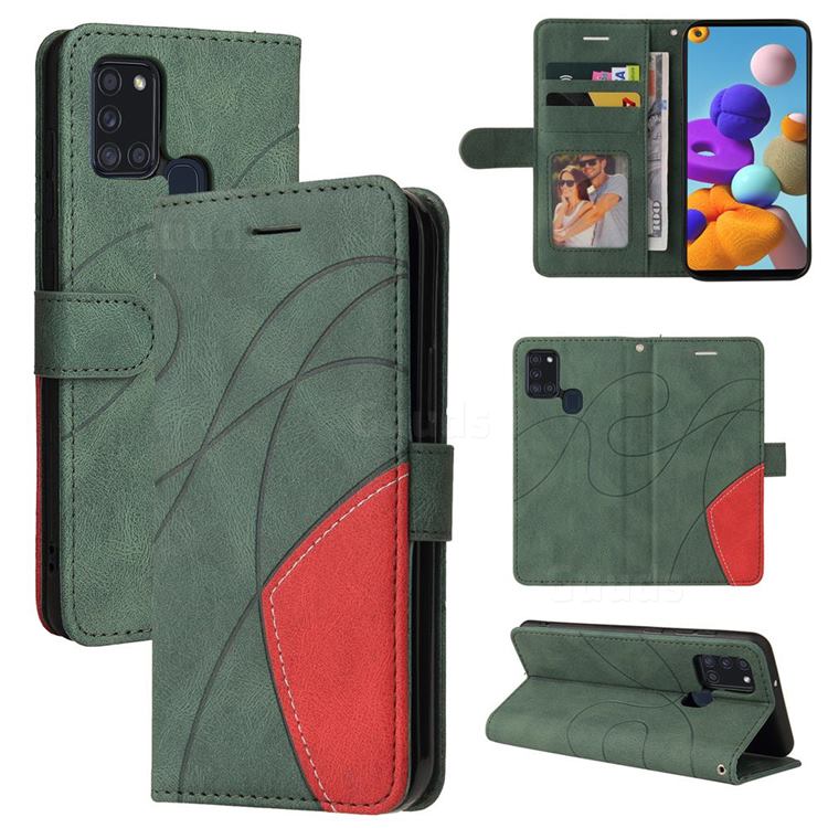 Luxury Two-color Stitching Leather Wallet Case Cover for Samsung Galaxy A21s - Green
