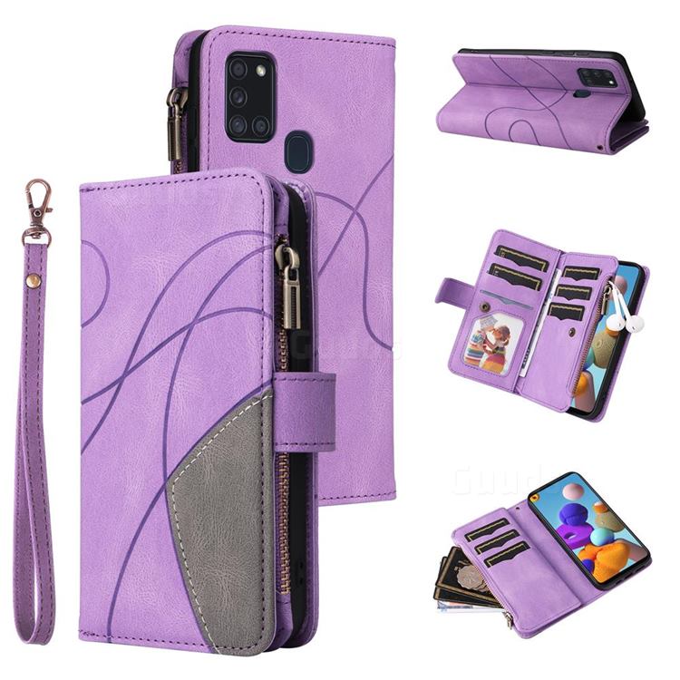 Luxury Two-color Stitching Multi-function Zipper Leather Wallet Case Cover for Samsung Galaxy A21s - Purple