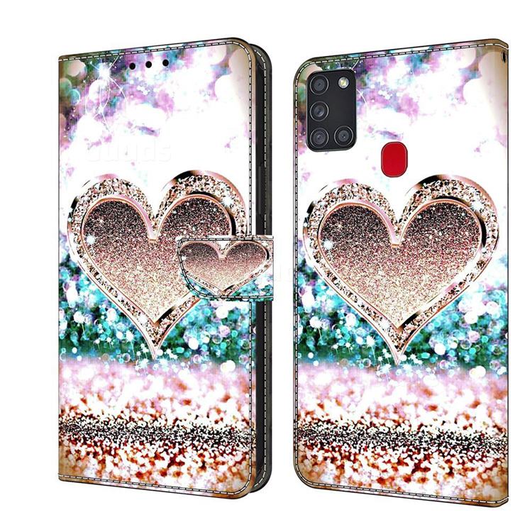 Pink Diamond Heart Crystal PU Leather Protective Wallet Case Cover for Samsung Galaxy A21s