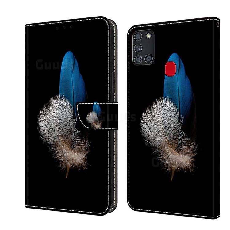 White Blue Feathers Crystal PU Leather Protective Wallet Case Cover for Samsung Galaxy A21s