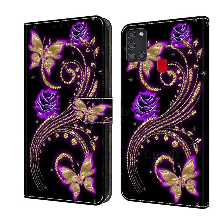 Purple Flower Butterfly Crystal PU Leather Protective Wallet Case Cover for Samsung Galaxy A21s