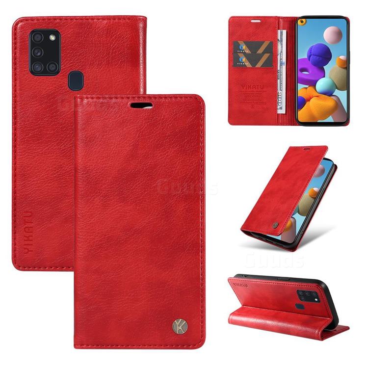 YIKATU Litchi Card Magnetic Automatic Suction Leather Flip Cover for Samsung Galaxy A21s - Bright Red