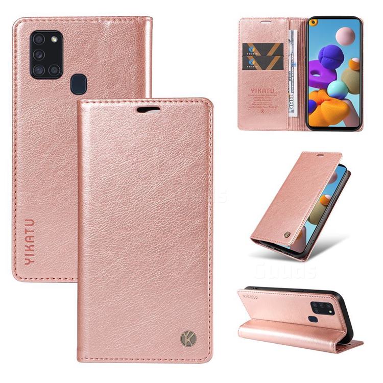 YIKATU Litchi Card Magnetic Automatic Suction Leather Flip Cover for Samsung Galaxy A21s - Rose Gold
