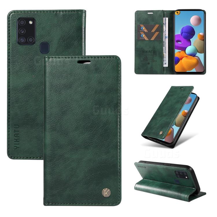 YIKATU Litchi Card Magnetic Automatic Suction Leather Flip Cover for Samsung Galaxy A21s - Green