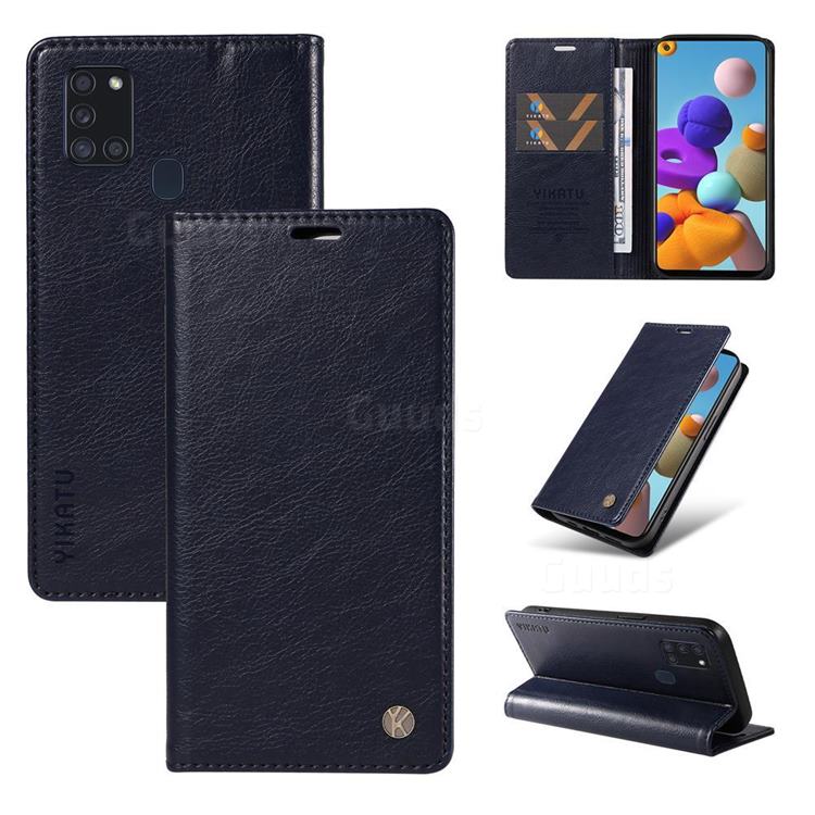 YIKATU Litchi Card Magnetic Automatic Suction Leather Flip Cover for Samsung Galaxy A21s - Navy Blue
