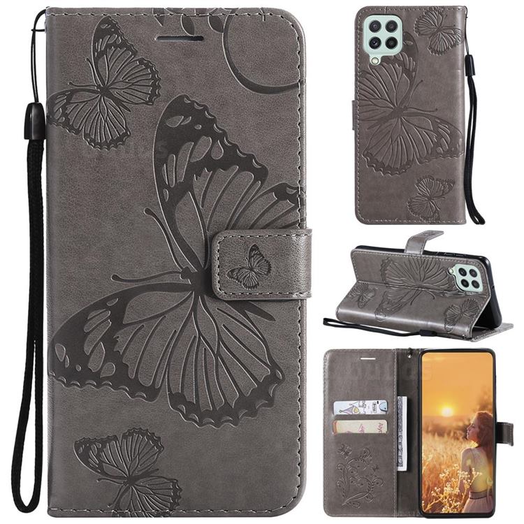 Embossing 3D Butterfly Leather Wallet Case for Samsung Galaxy A22 4G - Gray