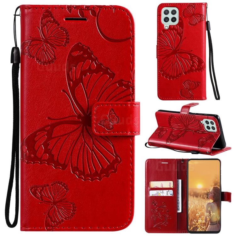 Embossing 3D Butterfly Leather Wallet Case for Samsung Galaxy A22 4G - Red