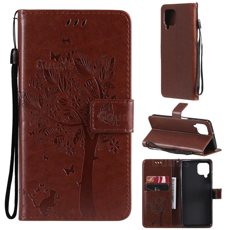 Embossing Butterfly Tree Leather Wallet Case for Samsung Galaxy A22 4G - Coffee