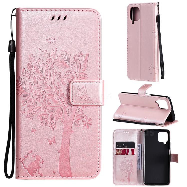 Embossing Butterfly Tree Leather Wallet Case for Samsung Galaxy A22 4G - Rose Pink