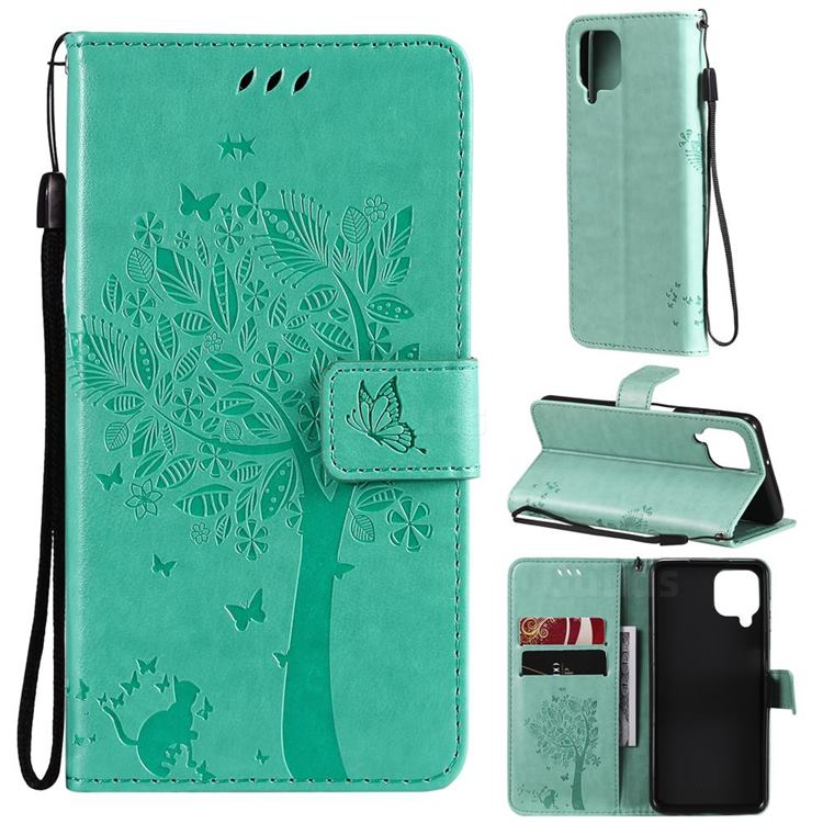 Embossing Butterfly Tree Leather Wallet Case for Samsung Galaxy A22 4G - Cyan