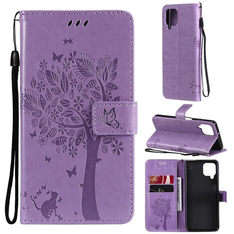 Embossing Butterfly Tree Leather Wallet Case for Samsung Galaxy A22 4G - Violet