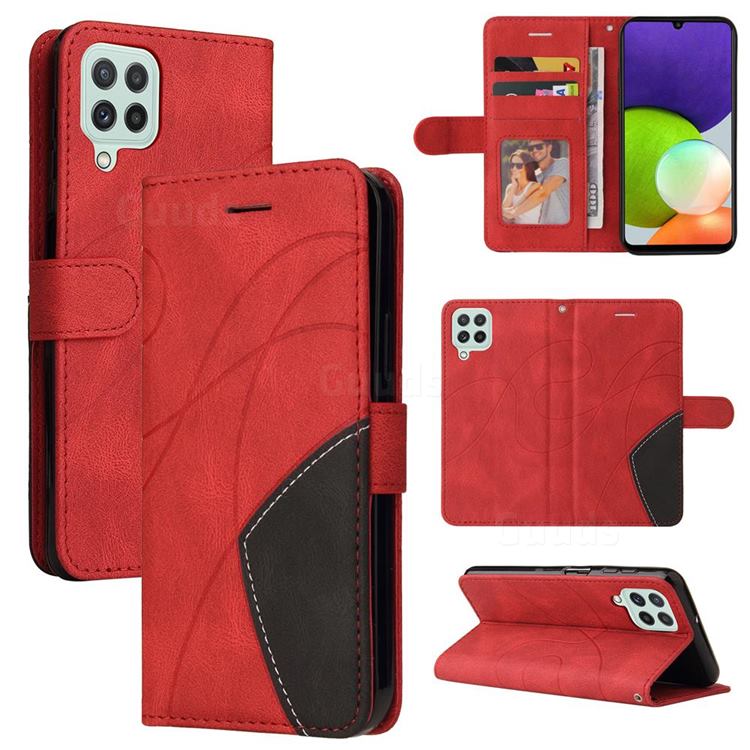 Luxury Two-color Stitching Leather Wallet Case Cover for Samsung Galaxy A22 4G - Red
