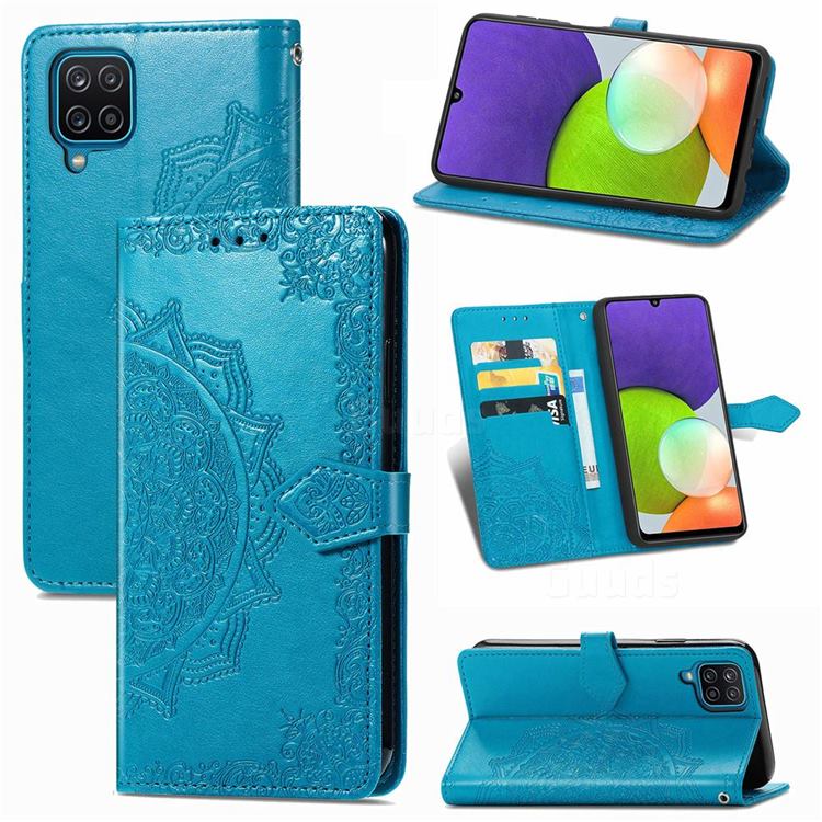 Embossing Imprint Mandala Flower Leather Wallet Case for Samsung Galaxy A22 4G - Blue