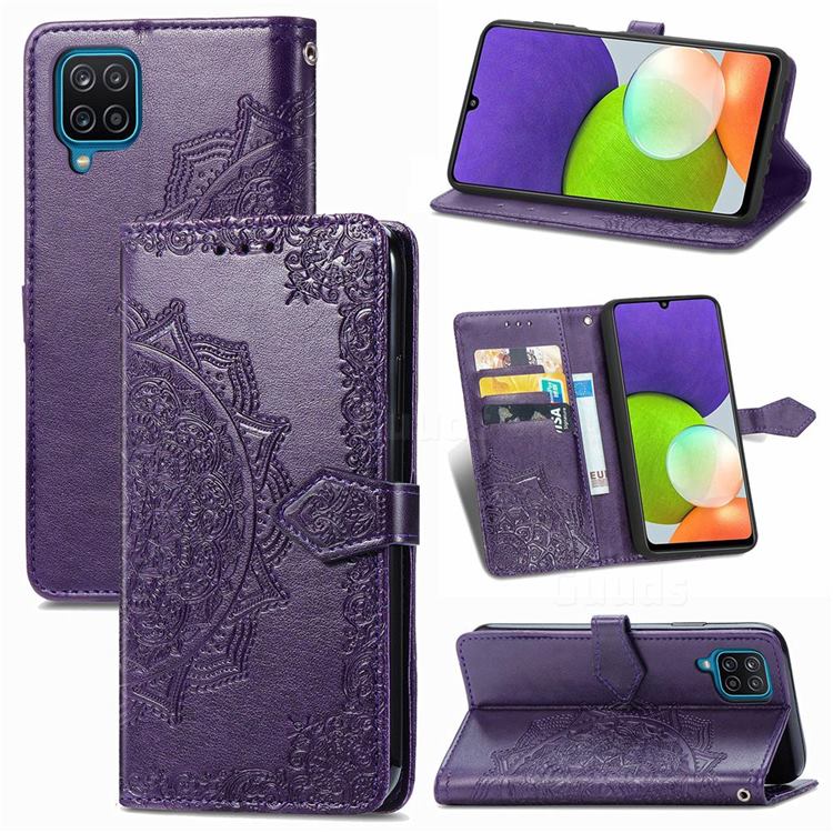 Embossing Imprint Mandala Flower Leather Wallet Case for Samsung Galaxy A22 4G - Purple
