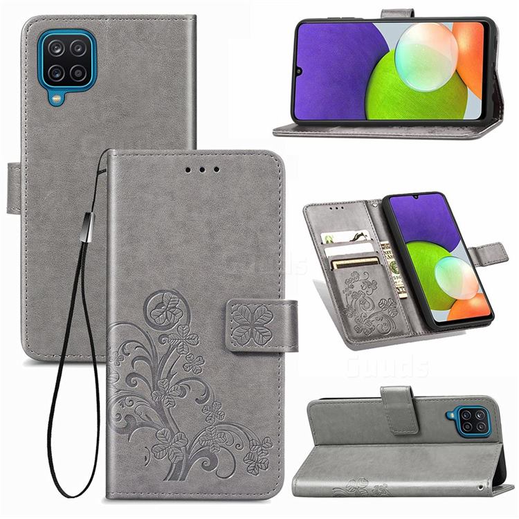Embossing Imprint Four-Leaf Clover Leather Wallet Case for Samsung Galaxy A22 4G - Grey