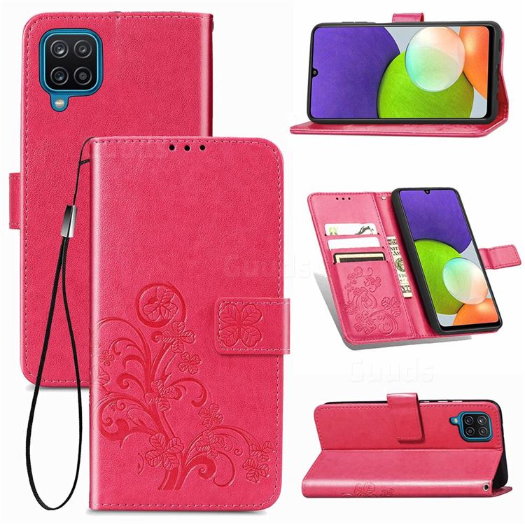 Embossing Imprint Four-Leaf Clover Leather Wallet Case for Samsung Galaxy A22 4G - Rose Red