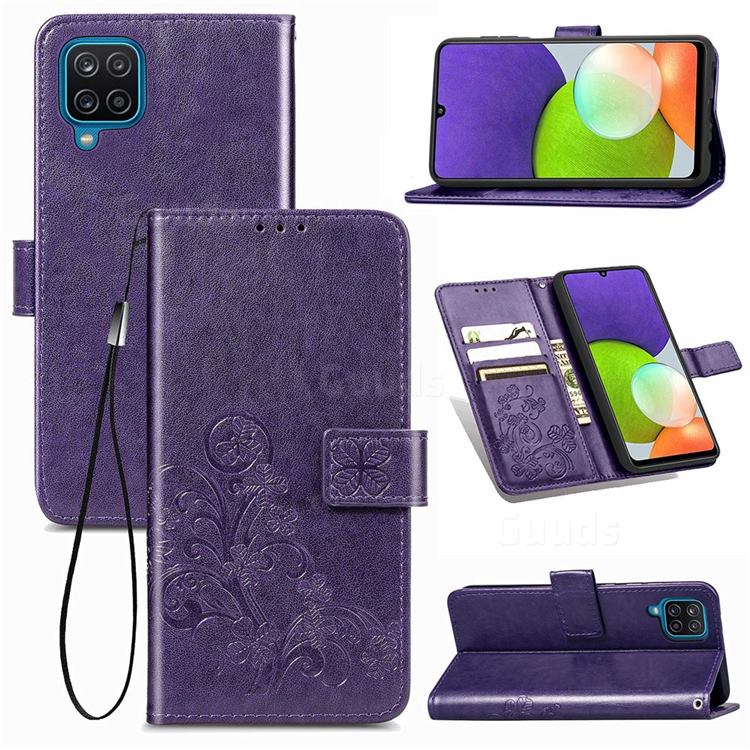 Embossing Imprint Four-Leaf Clover Leather Wallet Case for Samsung Galaxy A22 4G - Purple