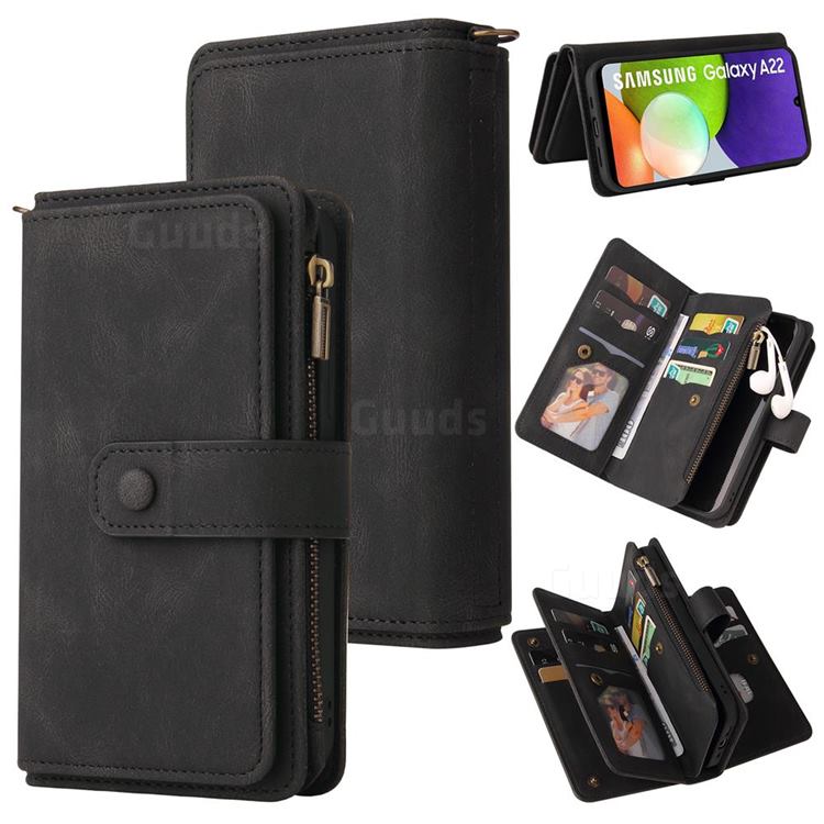Luxury Multi-functional Zipper Wallet Leather Phone Case Cover for Samsung Galaxy A22 4G - Black