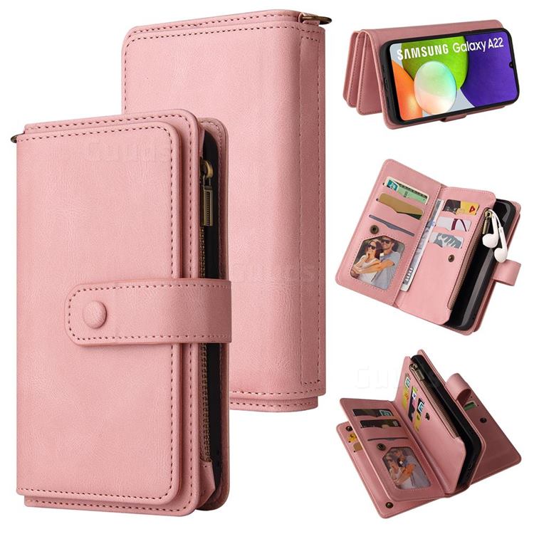Luxury Multi-functional Zipper Wallet Leather Phone Case Cover for Samsung Galaxy A22 4G - Pink
