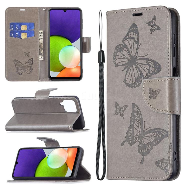 Embossing Double Butterfly Leather Wallet Case for Samsung Galaxy A22 4G - Gray