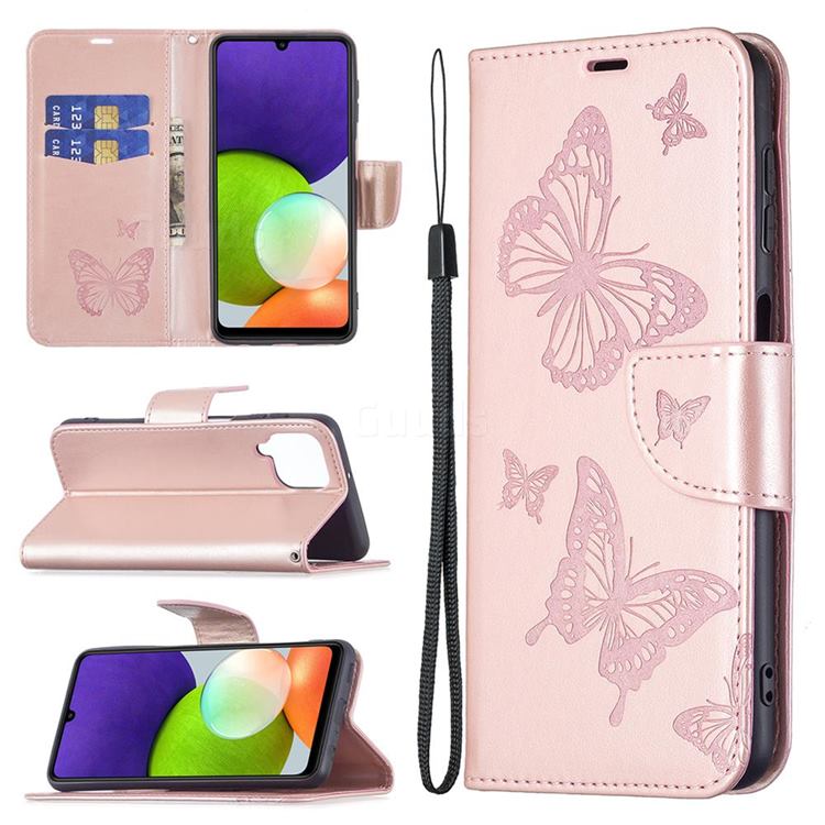 Embossing Double Butterfly Leather Wallet Case for Samsung Galaxy A22 4G - Rose Gold