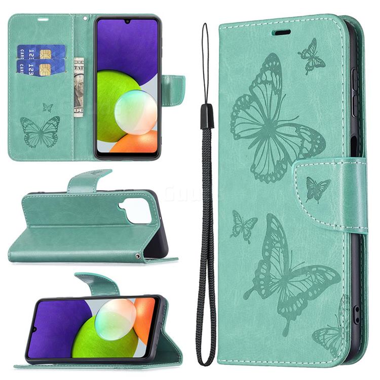 Embossing Double Butterfly Leather Wallet Case for Samsung Galaxy A22 4G - Green