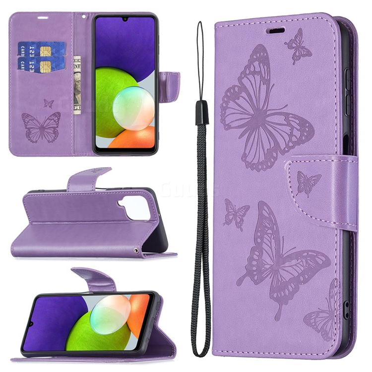Embossing Double Butterfly Leather Wallet Case for Samsung Galaxy A22 4G - Purple