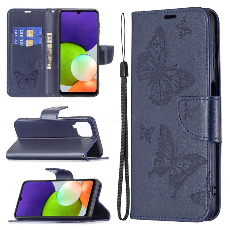 Embossing Double Butterfly Leather Wallet Case for Samsung Galaxy A22 4G - Dark Blue
