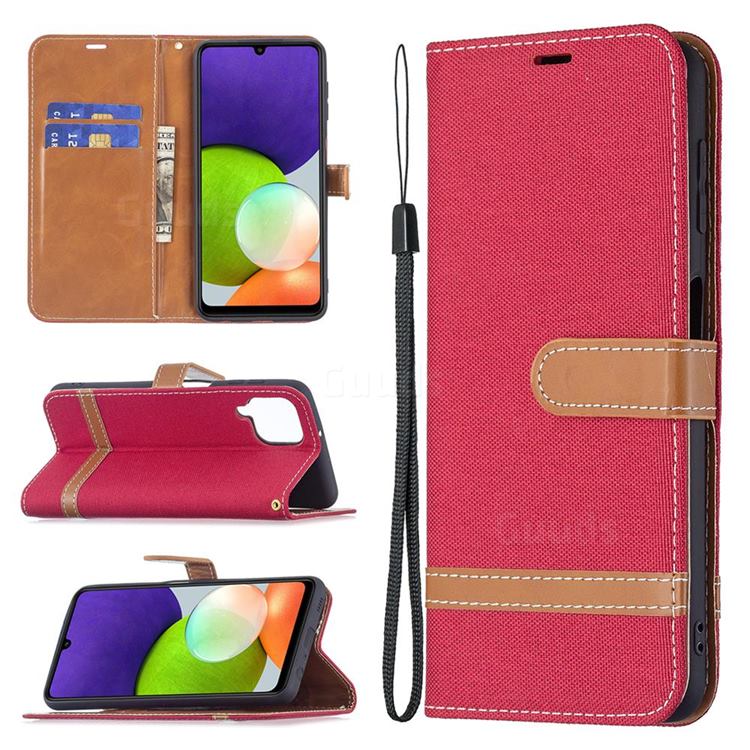 Jeans Cowboy Denim Leather Wallet Case for Samsung Galaxy A22 4G - Red