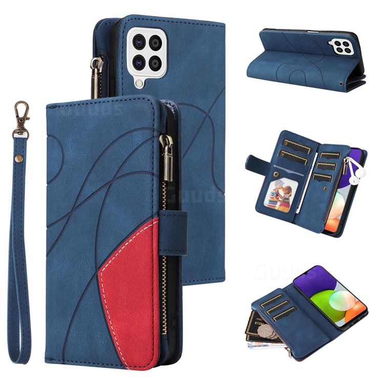Luxury Two-color Stitching Multi-function Zipper Leather Wallet Case Cover for Samsung Galaxy A22 4G - Blue