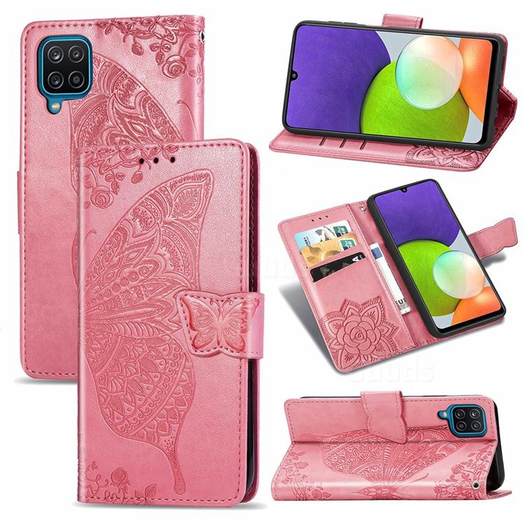 Embossing Mandala Flower Butterfly Leather Wallet Case for Samsung Galaxy A22 4G - Pink